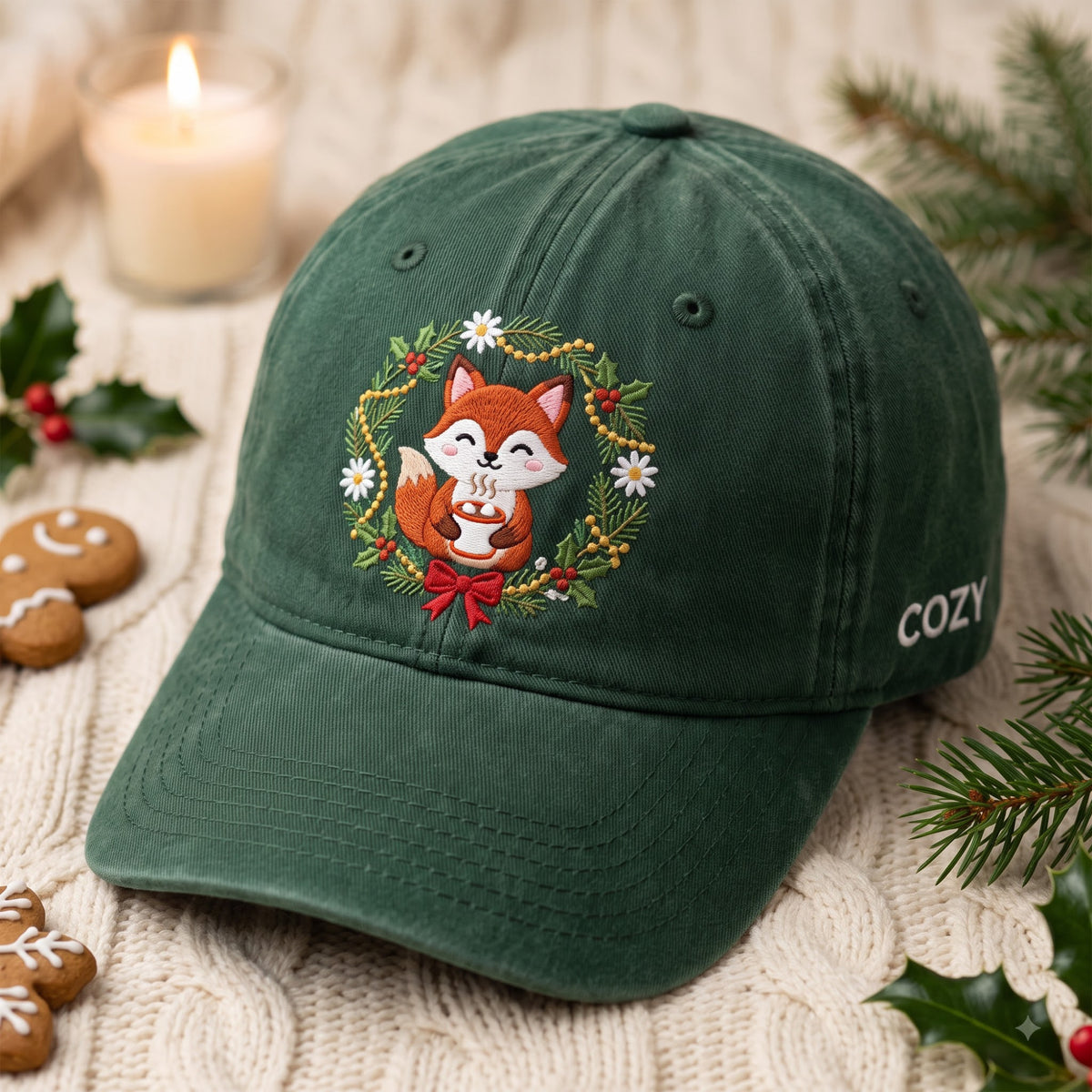 Christmas Cozy Fox Wreath Hot Cocoa Holiday Embroidered Hat — Washed Hat