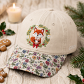 Christmas Cozy Fox Wreath Hot Cocoa Holiday Embroidered Floral & Leopard Brim Hat