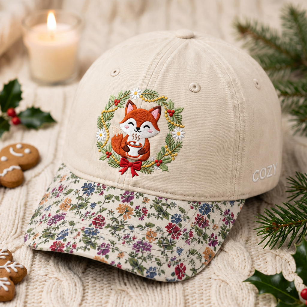 Christmas Cozy Fox Wreath Hot Cocoa Holiday Embroidered Floral & Leopard Brim Hat