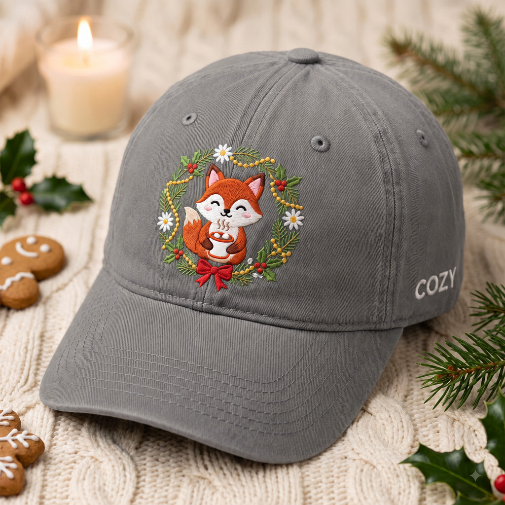Christmas Cozy Fox Wreath Hot Cocoa Holiday Embroidered Hat