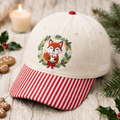 Christmas Cozy Fox Wreath Hot Cocoa Holiday Embroidered Gingham & Stripe Brim Hat