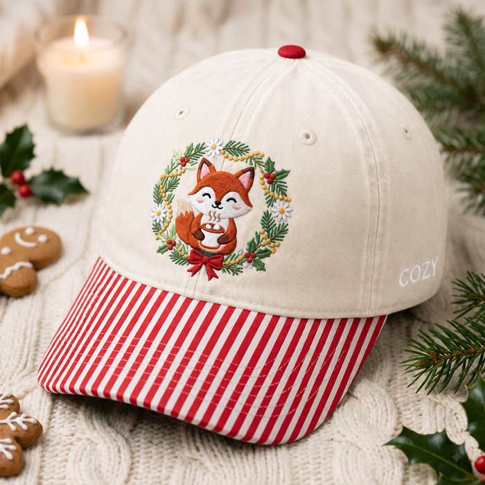 Christmas Cozy Fox Wreath Hot Cocoa Holiday Embroidered Gingham & Stripe Brim Hat