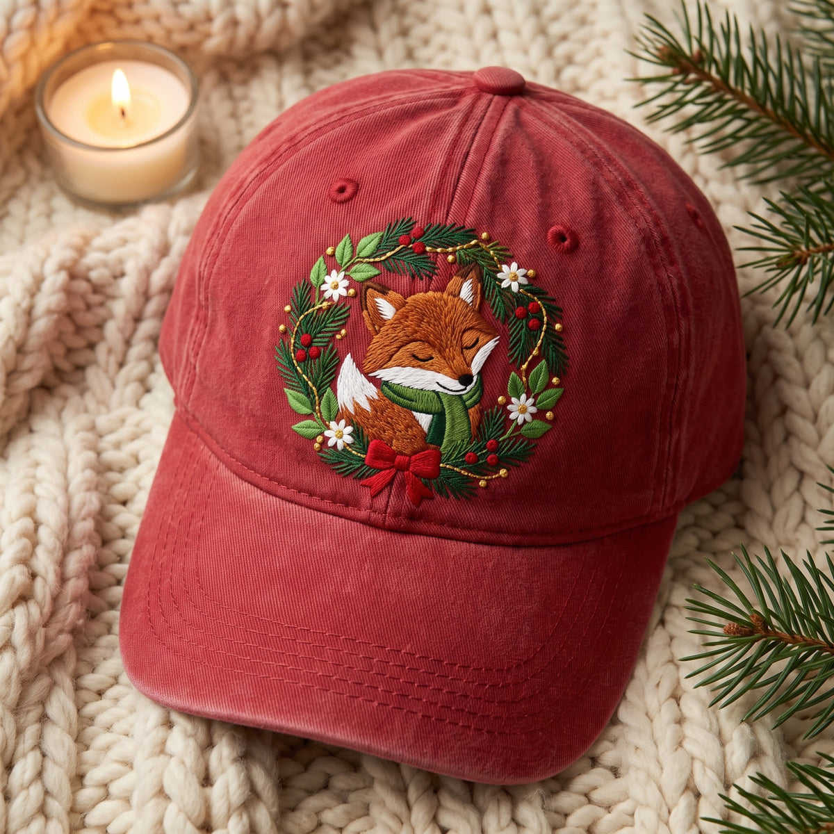 Christmas Fox Wreath Green Scarf Red Bow Floral Embroidered Hat — Washed Hat