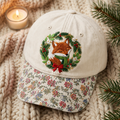 Christmas Fox Wreath Green Scarf Red Bow Floral Embroidered Floral & Leopard Brim Hat