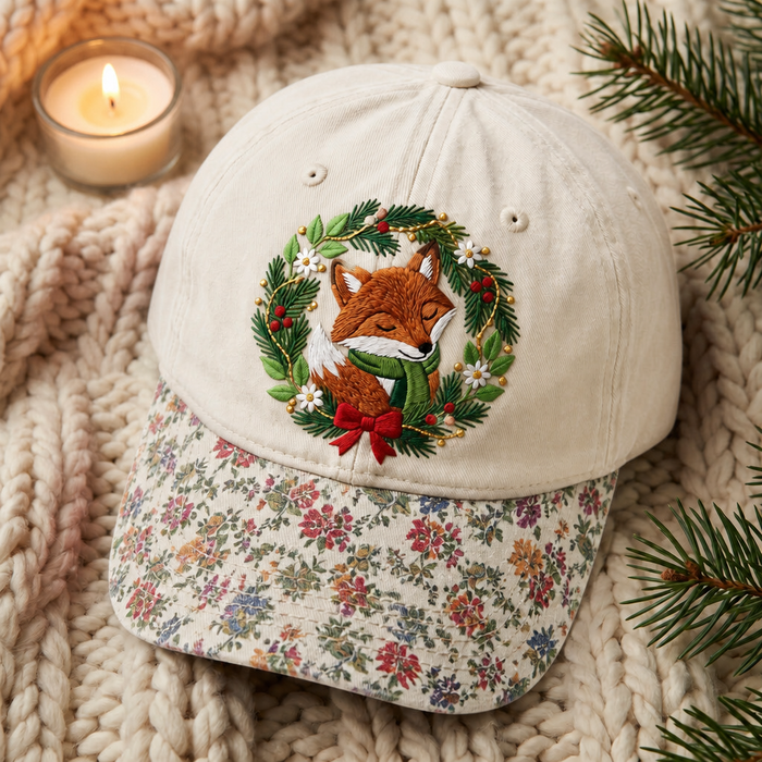 Christmas Fox Wreath Green Scarf Red Bow Floral Embroidered Floral & Leopard Brim Hat