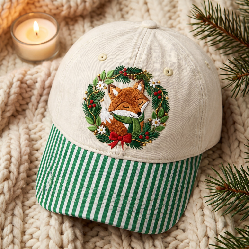 Christmas Fox Wreath Green Scarf Red Bow Floral Embroidered Gingham & Stripe Brim Hat