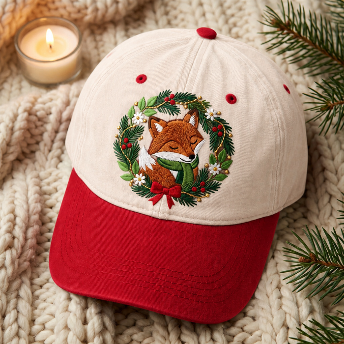 Christmas Fox Wreath Green Scarf Red Bow Floral Embroidered Two-Tone Hat
