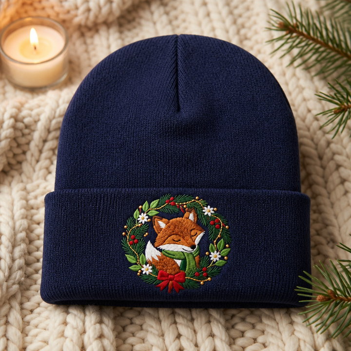Christmas Fox Wreath Green Scarf Red Bow Floral Embroidered Beanie