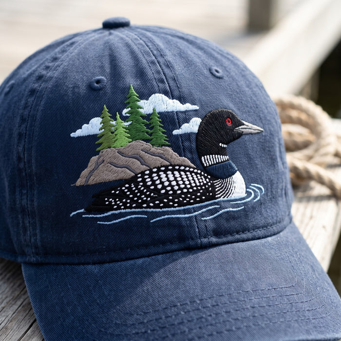 Common Loon Lake Pine Trees Scenic Embroidered Hat