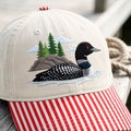 Common Loon Lake Pine Trees Scenic Embroidered Gingham & Stripe Brim Hat