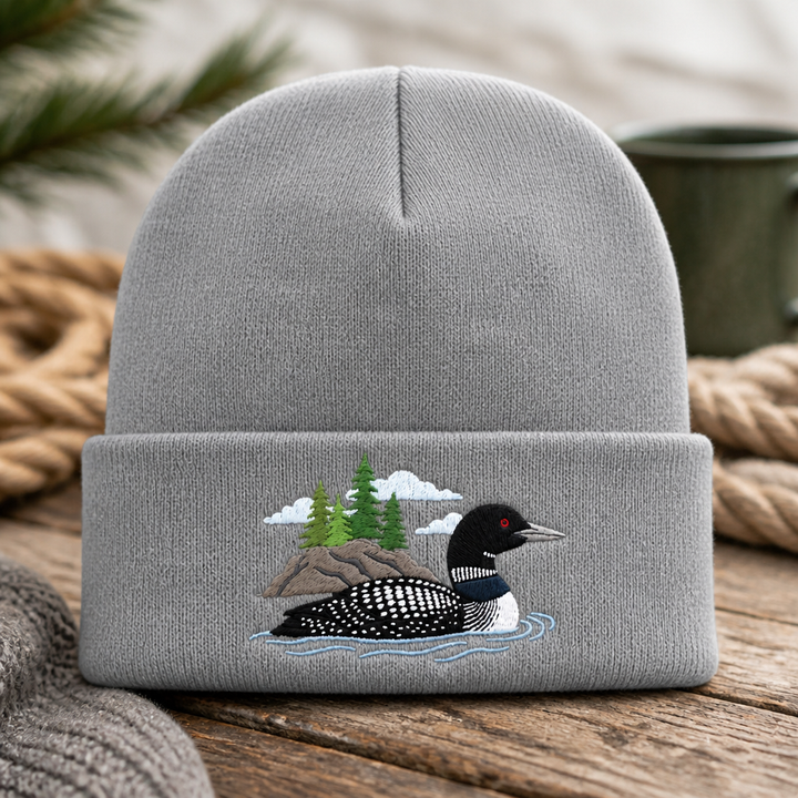 Common Loon Lake Pine Trees Scenic Embroidered Beanie