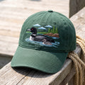 Loon with Baby Chick Lake Pine Trees Scenic Embroidered Hat — Washed Hat