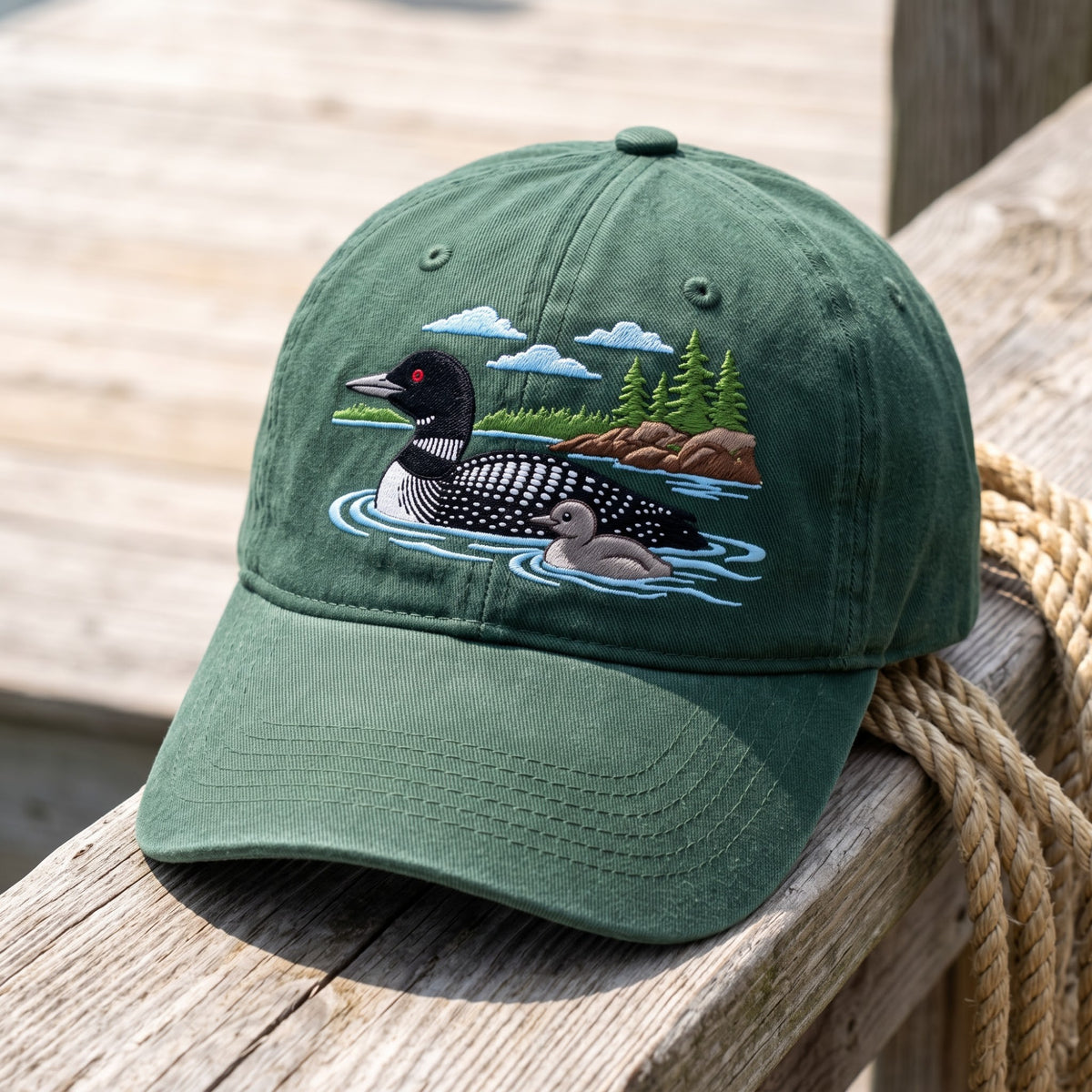 Loon with Baby Chick Lake Pine Trees Scenic Embroidered Hat — Washed Hat