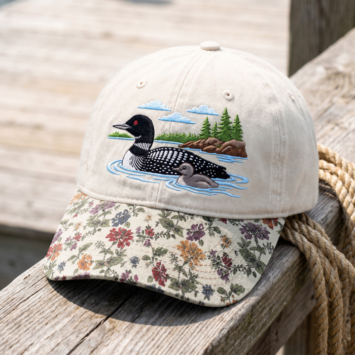 Loon with Baby Chick Lake Pine Trees Scenic Embroidered Floral & Leopard Brim Hat