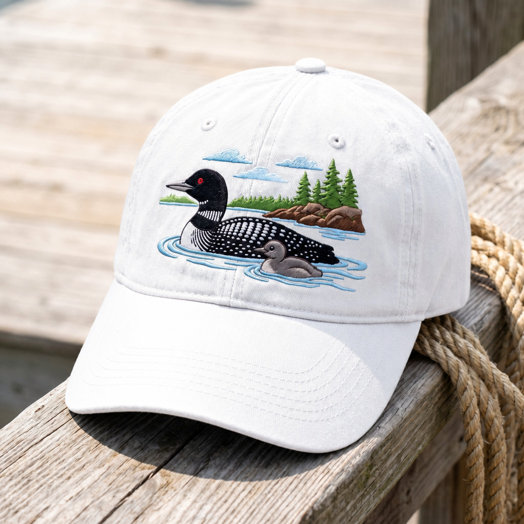 Loon with Baby Chick Lake Pine Trees Scenic Embroidered Hat