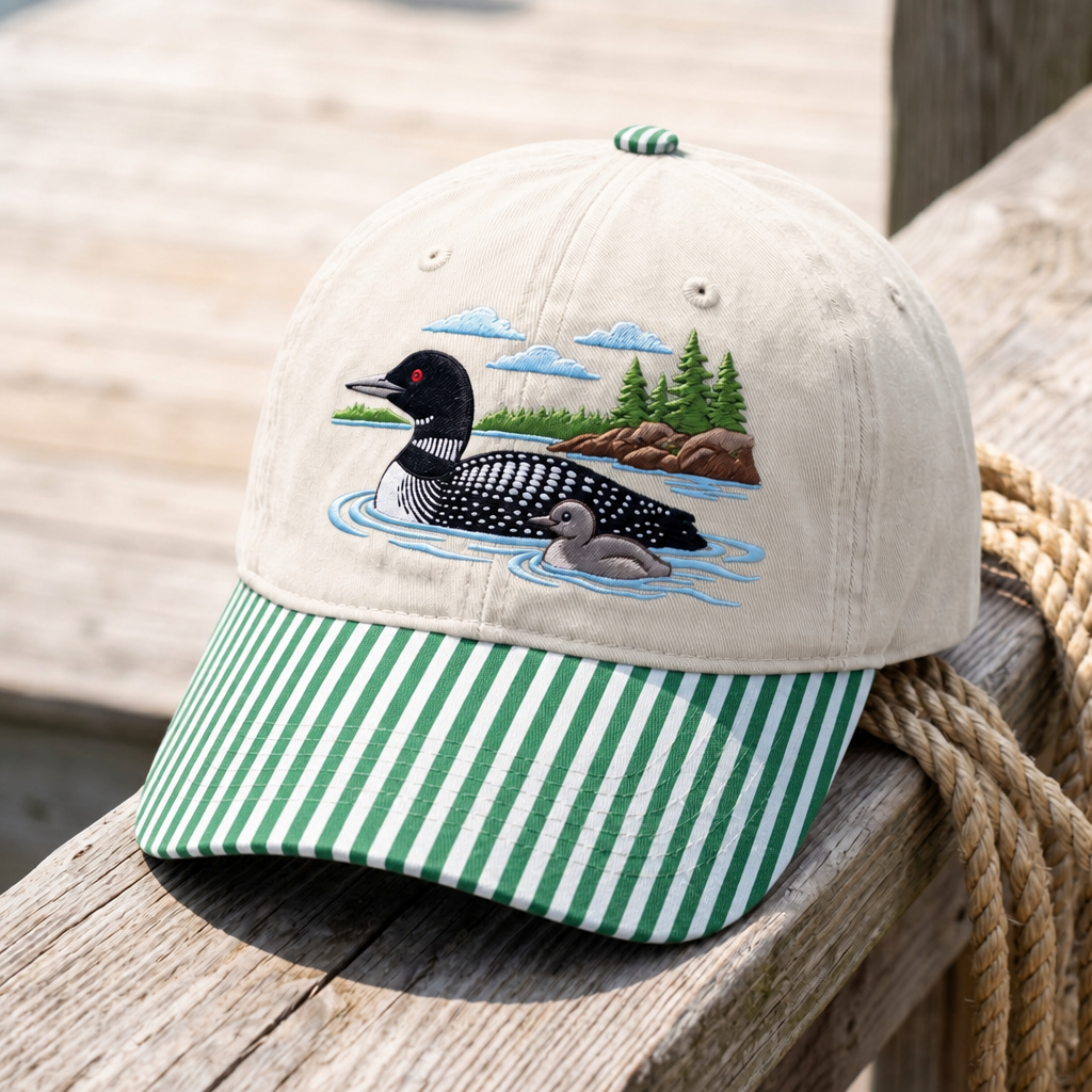 Loon with Baby Chick Lake Pine Trees Scenic Embroidered Gingham & Stripe Brim Hat