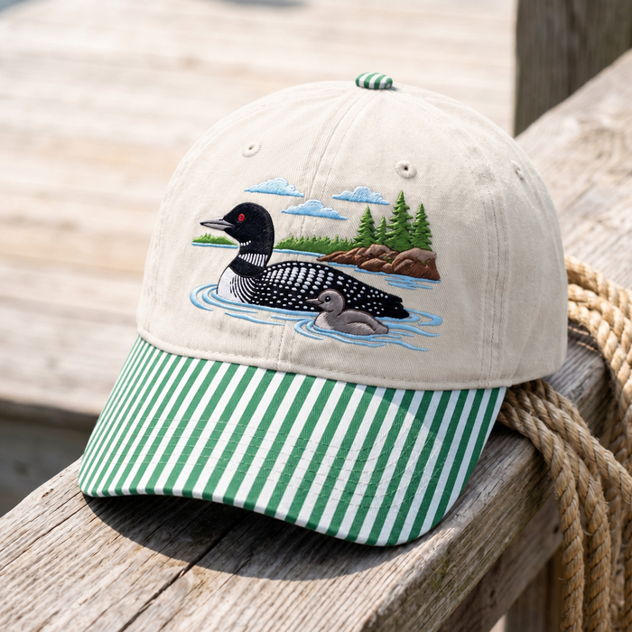 Loon with Baby Chick Lake Pine Trees Scenic Embroidered Gingham & Stripe Brim Hat