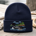 Loon with Baby Chick Lake Pine Trees Scenic Embroidered Beanie