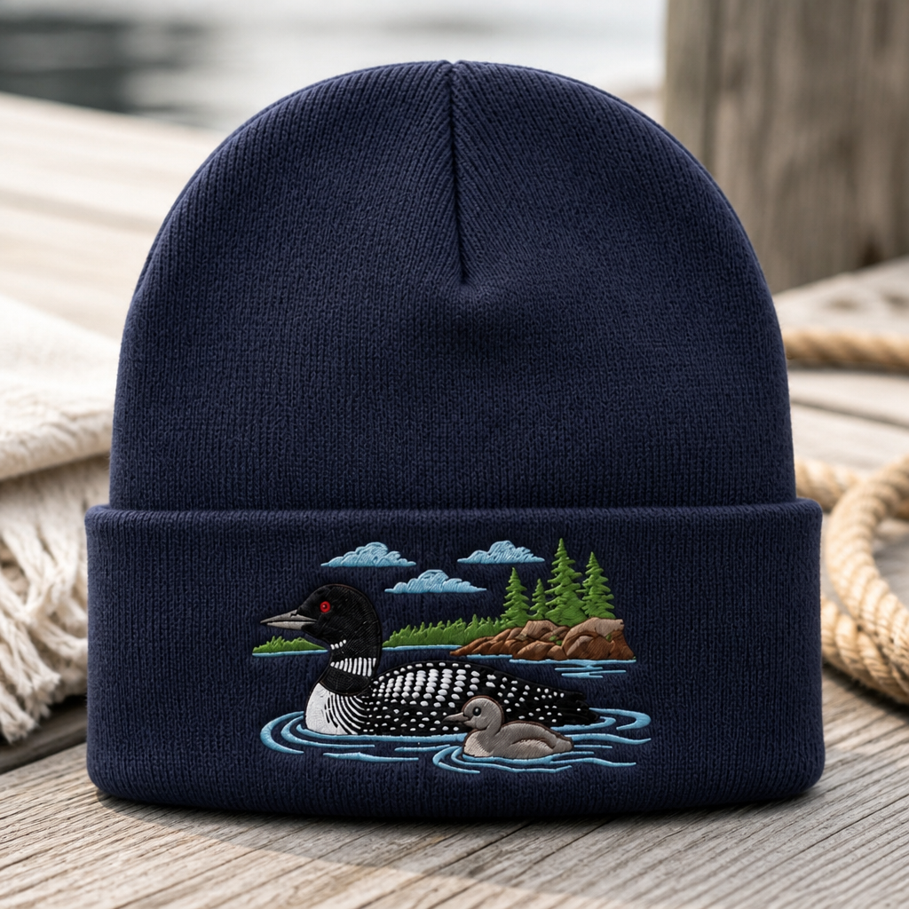 Loon with Baby Chick Lake Pine Trees Scenic Embroidered Beanie