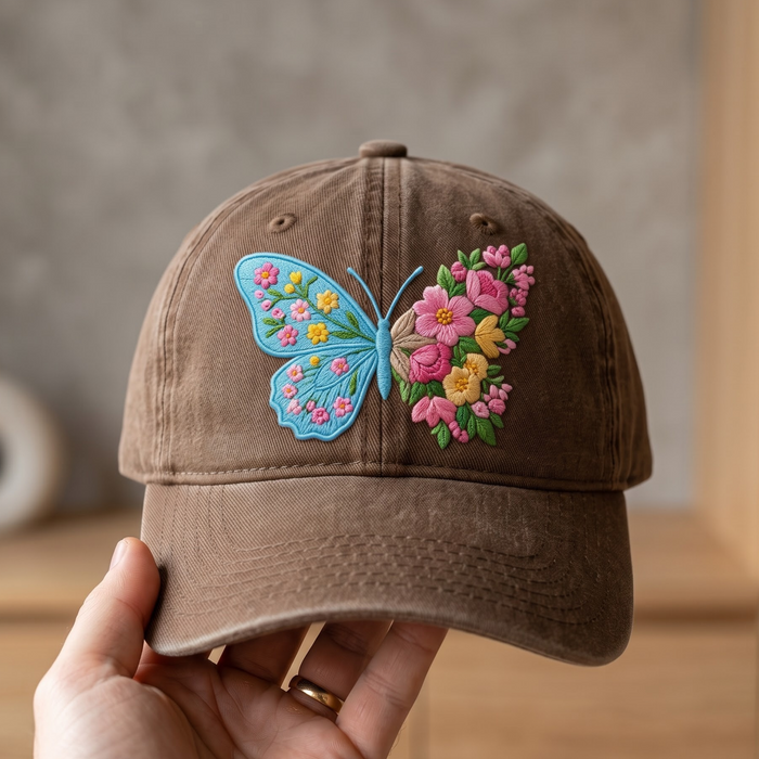 Floral Butterfly Split Wing Wildflower Garden Embroidered Hat