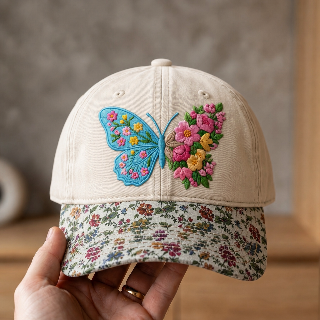 Floral Butterfly Split Wing Wildflower Garden Embroidered Floral & Leopard Brim Hat