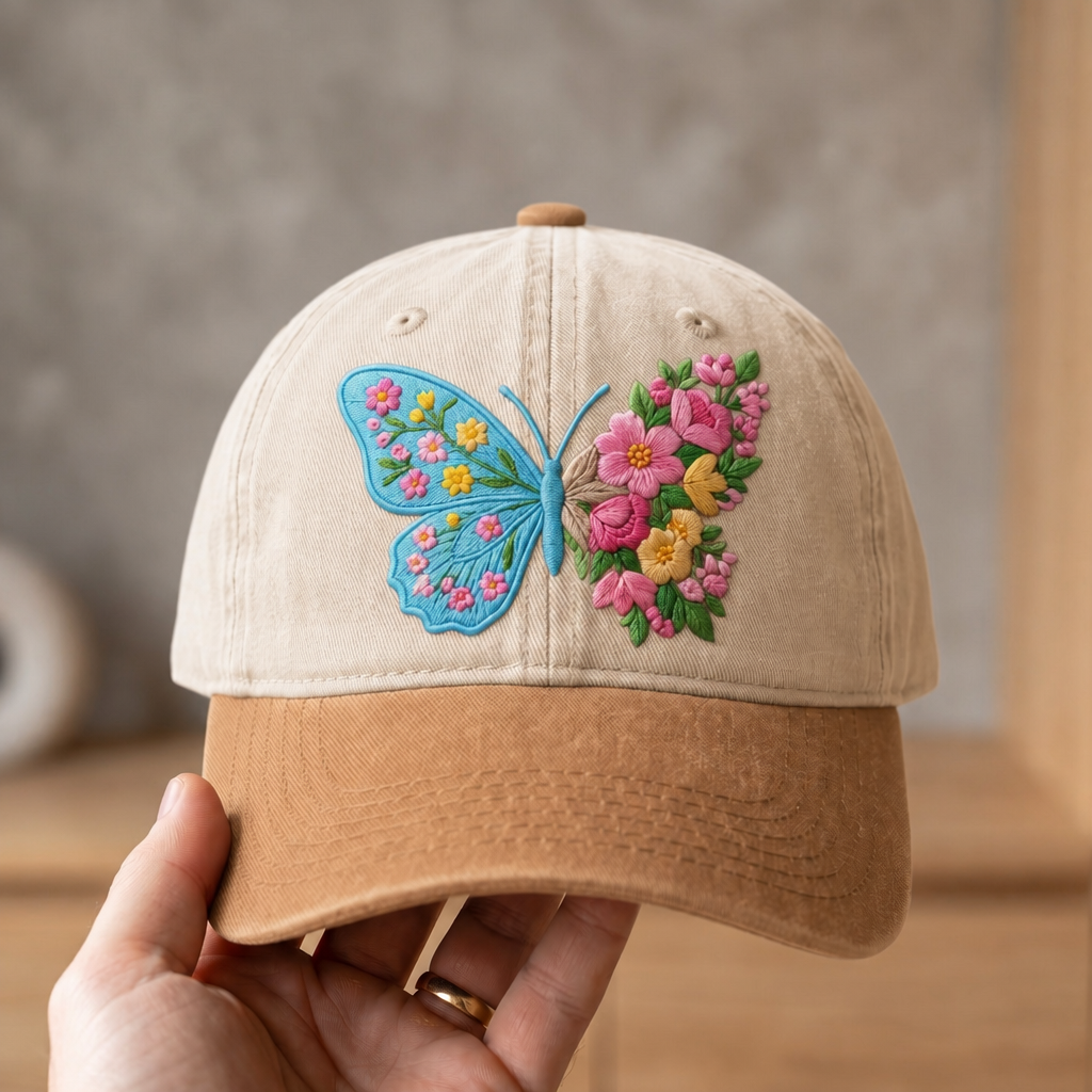 Floral Butterfly Split Wing Wildflower Garden Embroidered Two-Tone Hat