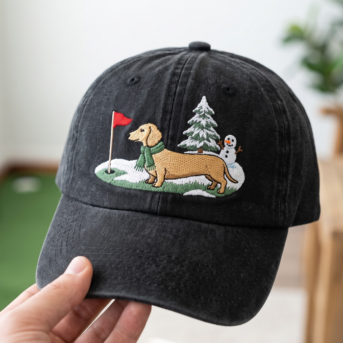 Dachshund Winter Golf Course Snowman Christmas Tree Embroidered Hat