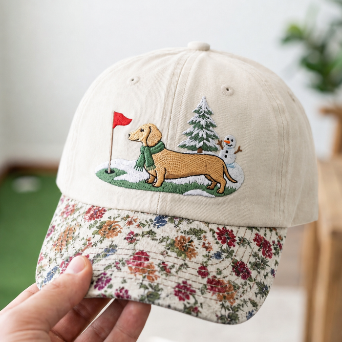 Dachshund Winter Golf Course Snowman Christmas Tree Embroidered Floral & Leopard Brim Hat