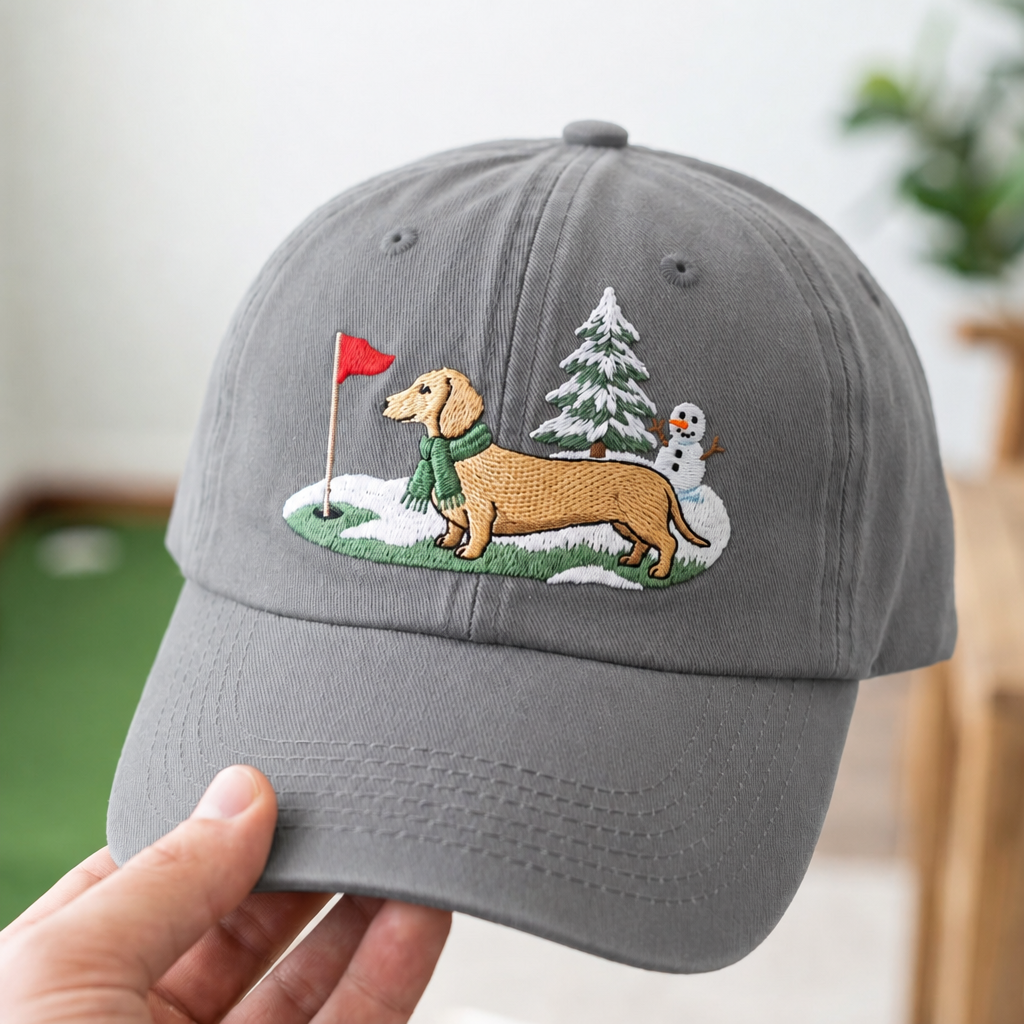 Dachshund Winter Golf Course Snowman Christmas Tree Embroidered Hat