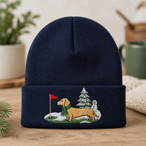 Dachshund Winter Golf Course Snowman Christmas Tree Embroidered Beanie