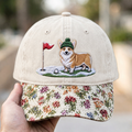 Corgi Golfer Beanie Hat Golf Flag Snowfield Winter Embroidered Floral & Leopard Brim Hat