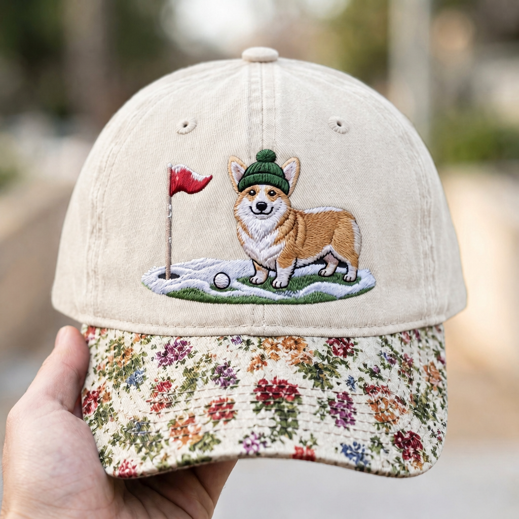 Corgi Golfer Beanie Hat Golf Flag Snowfield Winter Embroidered Floral & Leopard Brim Hat
