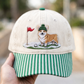 Corgi Golfer Beanie Hat Golf Flag Snowfield Winter Embroidered Gingham & Stripe Brim Hat