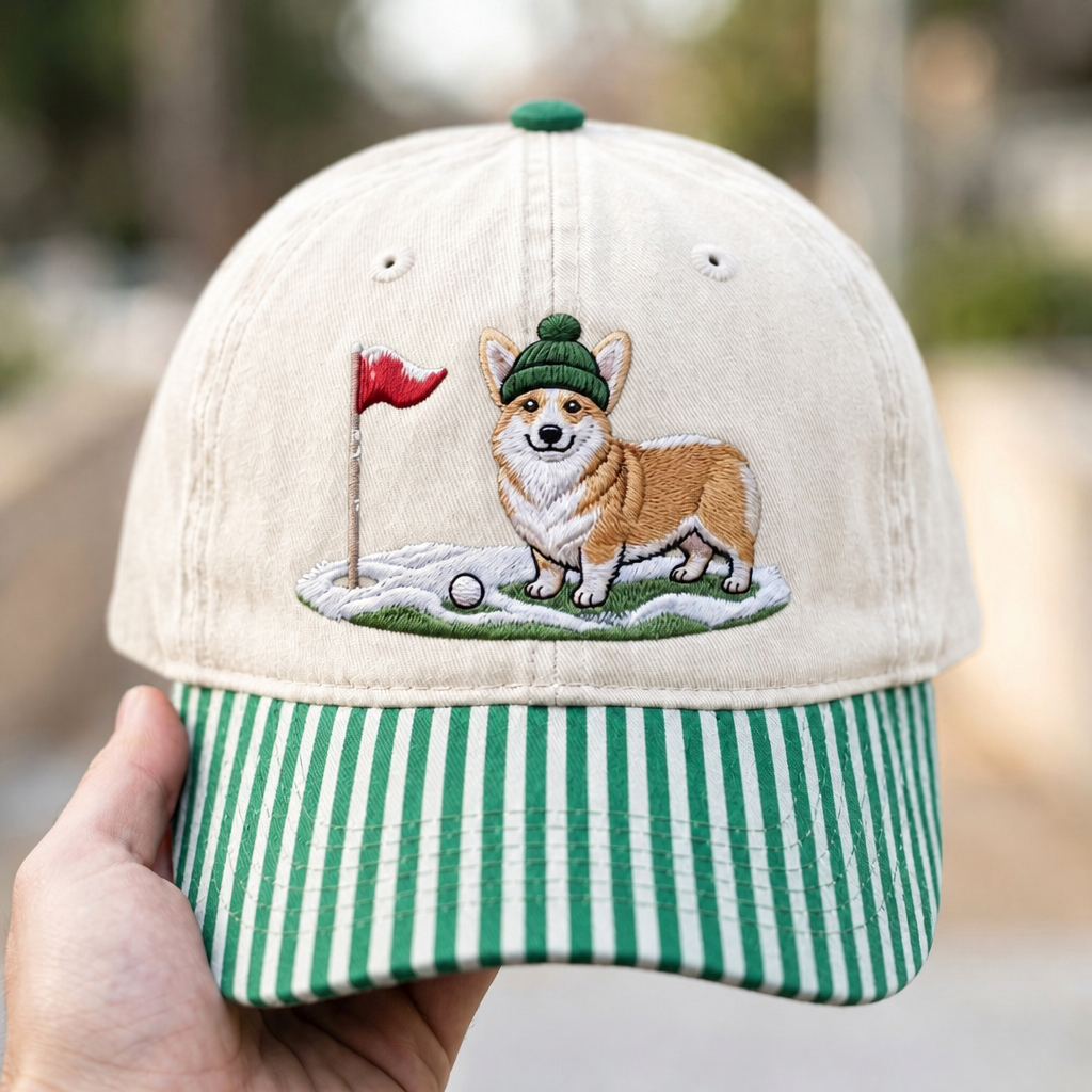Corgi Golfer Beanie Hat Golf Flag Snowfield Winter Embroidered Gingham & Stripe Brim Hat
