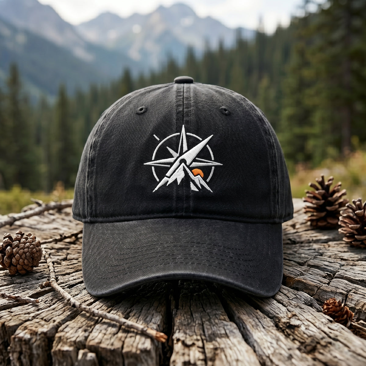 Compass Rose Mountain Sunrise Adventure Embroidered Hat — Washed Hat