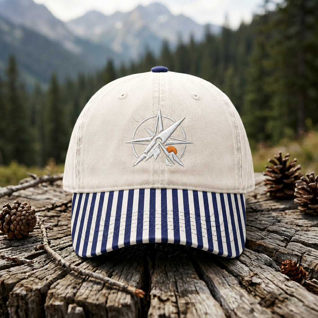 Compass Rose Mountain Sunrise Adventure Embroidered Gingham & Stripe Brim Hat