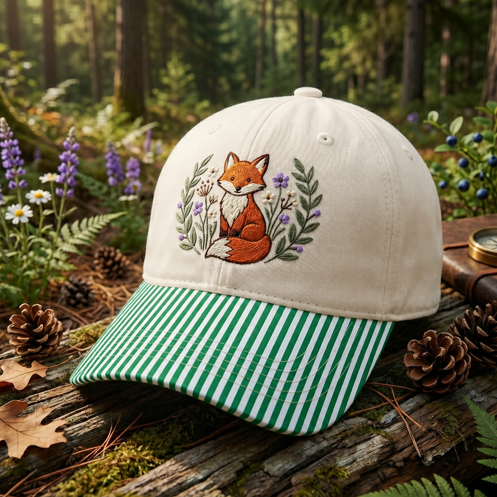 Fox Wildflower Botanical Garden Embroidered Gingham & Stripe Brim Hat