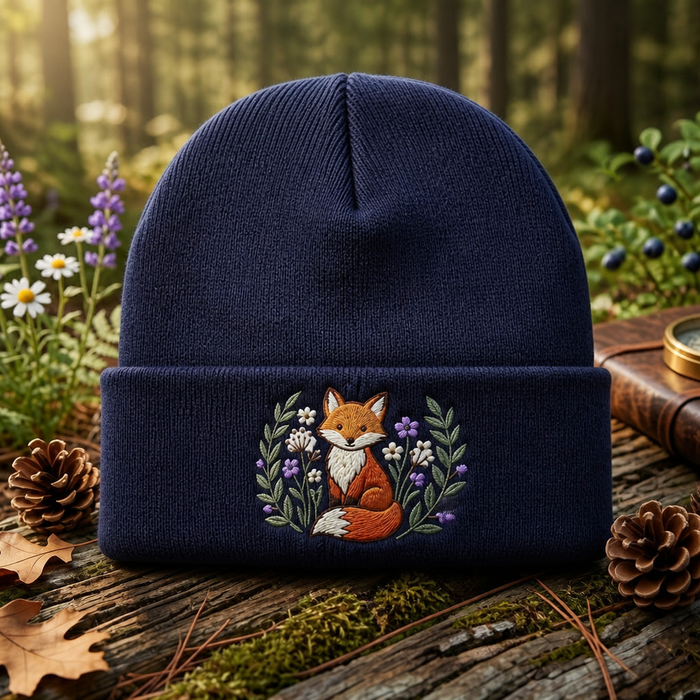 Fox Wildflower Botanical Garden Embroidered Beanie