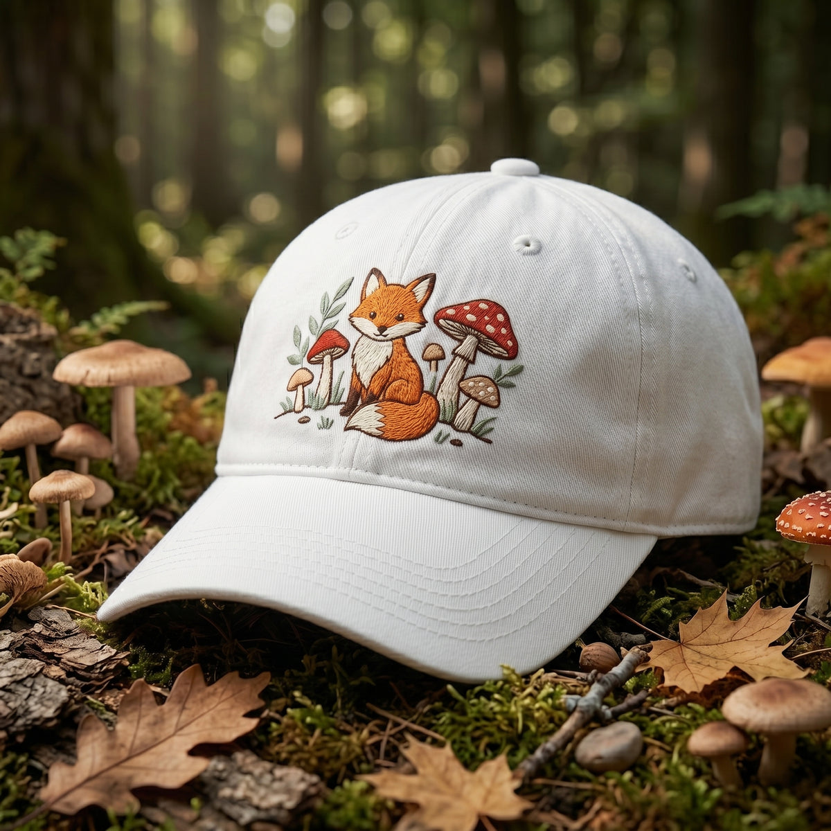 Fox Mushroom Forest Cottagecore Woodland Embroidered Hat — Baseball Cap