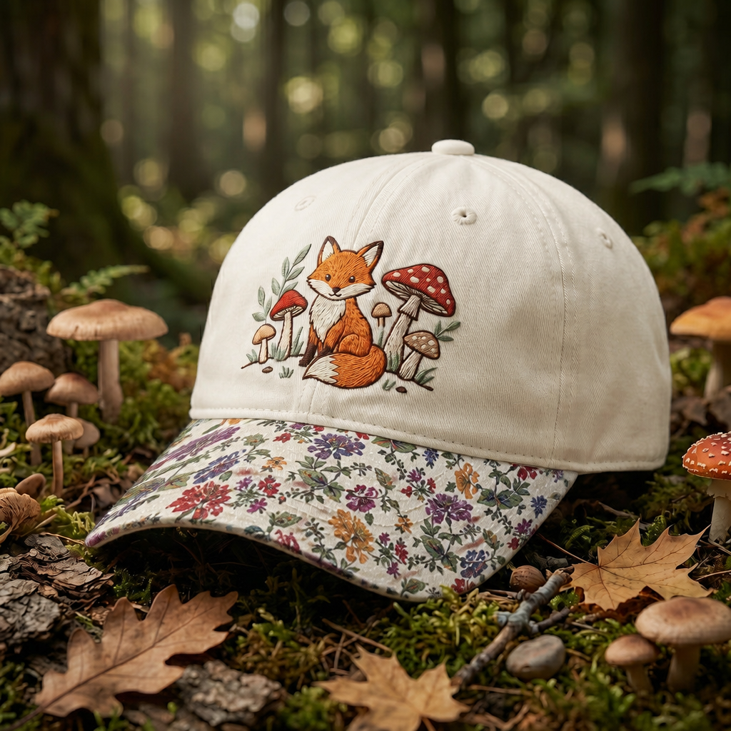 Fox Mushroom Forest Cottagecore Woodland Embroidered Floral & Leopard Brim Hat