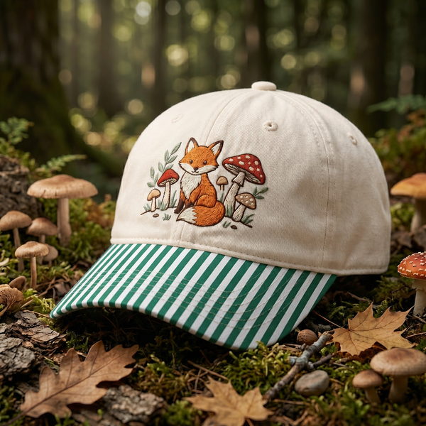 Fox Mushroom Forest Cottagecore Woodland Embroidered Gingham & Stripe Brim Hat