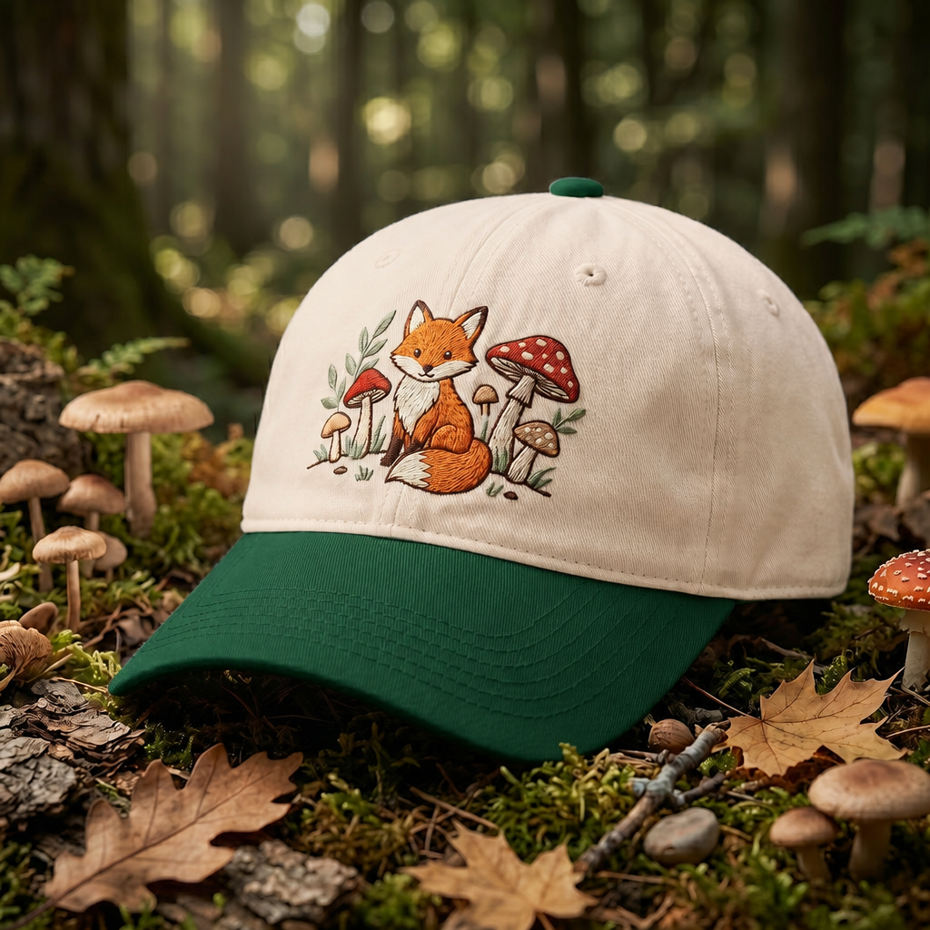 Fox Mushroom Forest Cottagecore Woodland Embroidered Two-Tone Hat