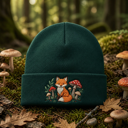 Fox Mushroom Forest Cottagecore Woodland Embroidered Beanie