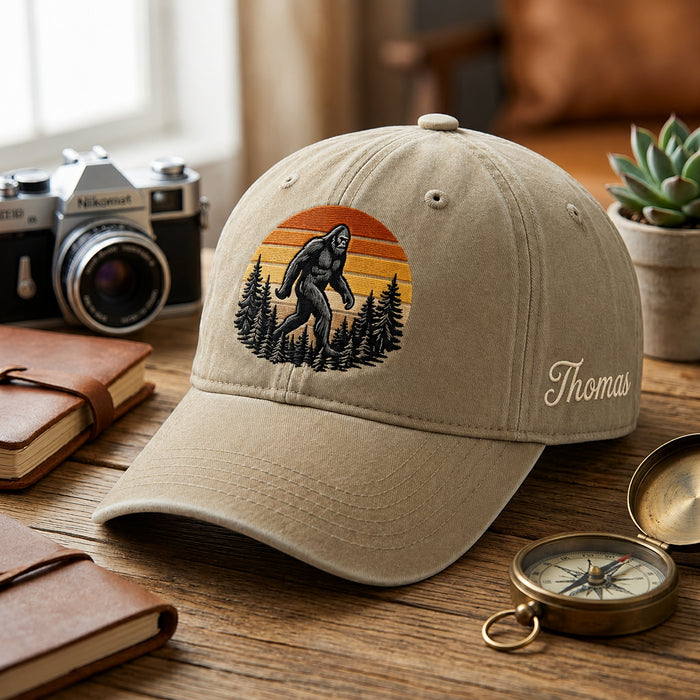 Personalized Bigfoot Sasquatch Retro Sunset Pine Trees Embroidered Hat