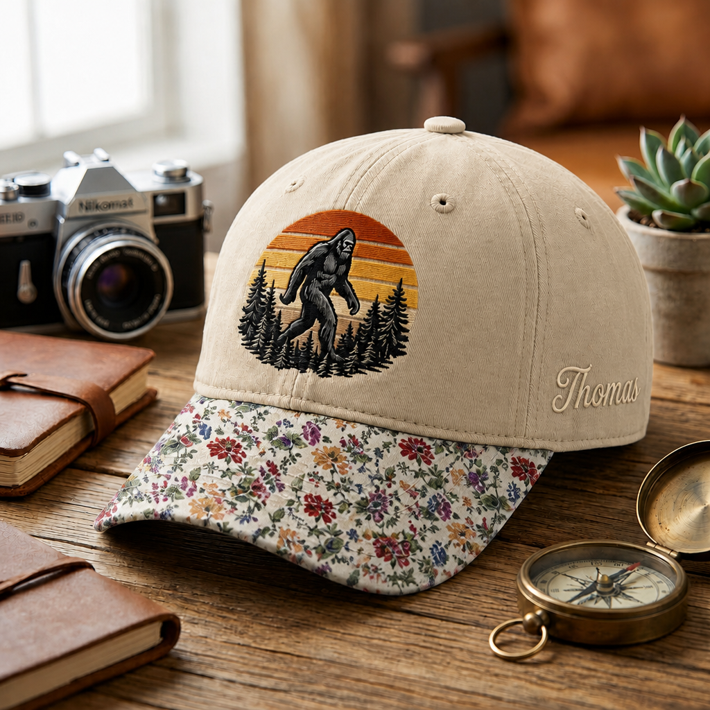 Personalized Bigfoot Sasquatch Retro Sunset Pine Trees Embroidered Floral & Leopard Brim Hat