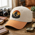 Personalized Bigfoot Sasquatch Retro Sunset Pine Trees Embroidered Gingham & Stripe Brim Hat