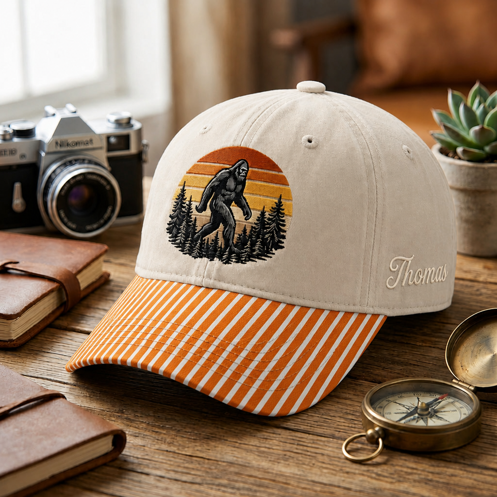Personalized Bigfoot Sasquatch Retro Sunset Pine Trees Embroidered Gingham & Stripe Brim Hat