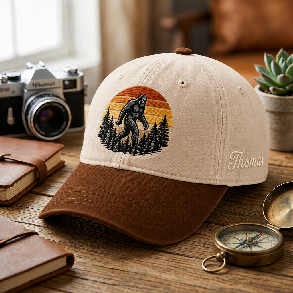 Personalized Bigfoot Sasquatch Retro Sunset Pine Trees Embroidered Two-Tone Hat