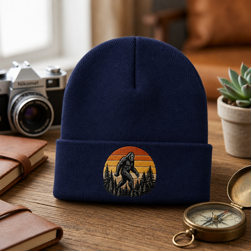 Personalized Bigfoot Sasquatch Retro Sunset Pine Trees Embroidered Beanie