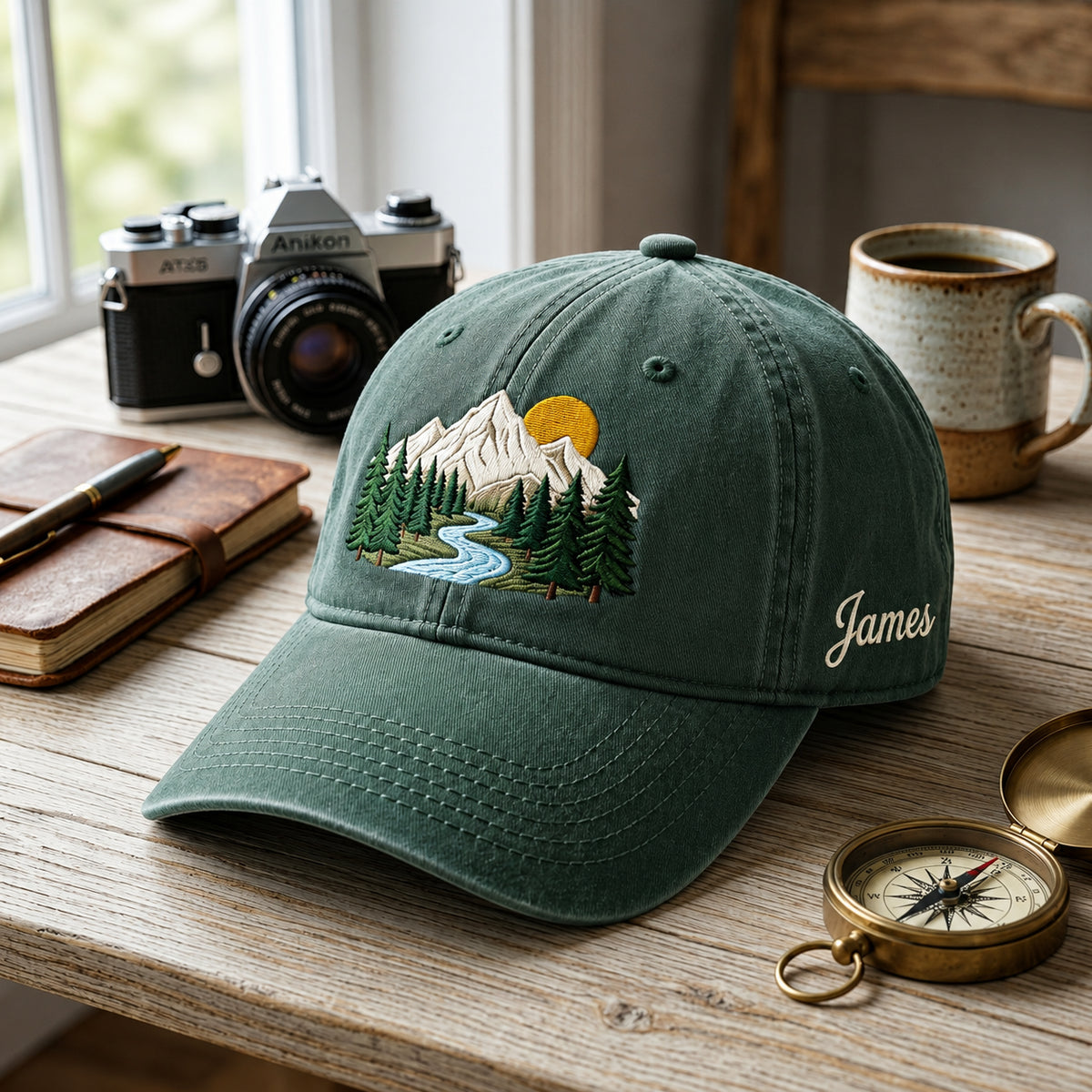 Personalized Mountain Forest River Sun Pine Trees Nature Embroidered Hat — Washed Hat